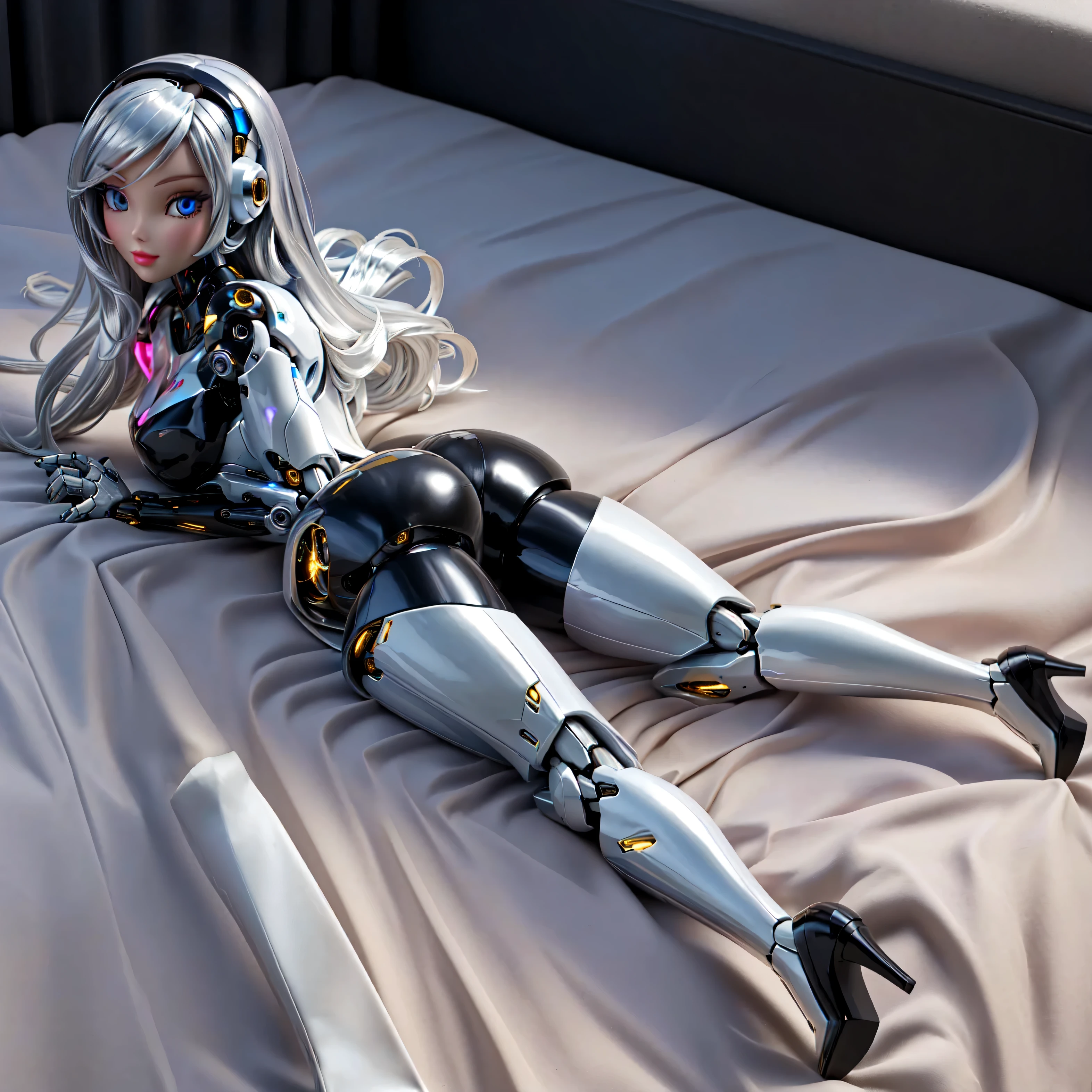chromed metallic full body, chromed metallic gloves with joints like hands, robot babe tight high boots like part from her body, metallic chromed body of cyborg robot, with plastic barbie doll face with longer hair, look at me from behind, full body lying down, lying down, lying down to side, show the high heels , show the boots feets