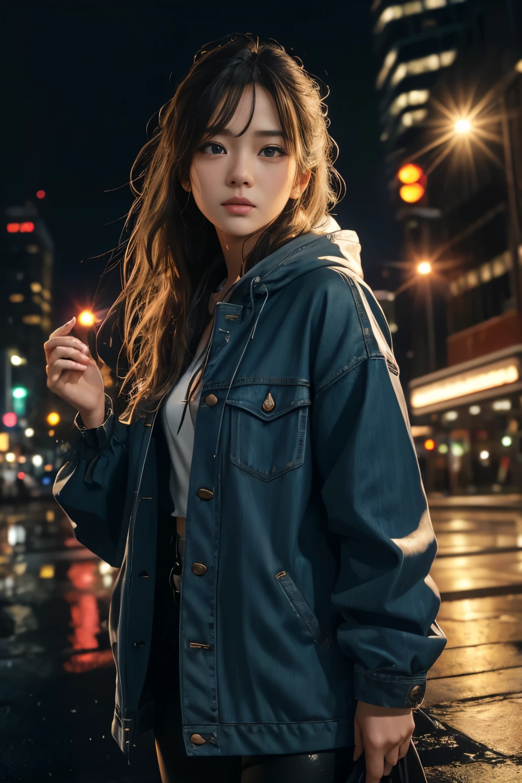 (8k Raw Photo,highest quality,Hyperrealistic:1.5,masterpiece:1.2), (Realistic, photo-Realistic:1.37), One girl, (J-Pop Idol) cute, clear amber eyes, Cityscape, rain, Wet Hair,Medium Hair,Wet clothes, Professional Lighting, Photon Mapping, Radio City, Physically Based Rendering, Drops dripping from my hair:1.2,