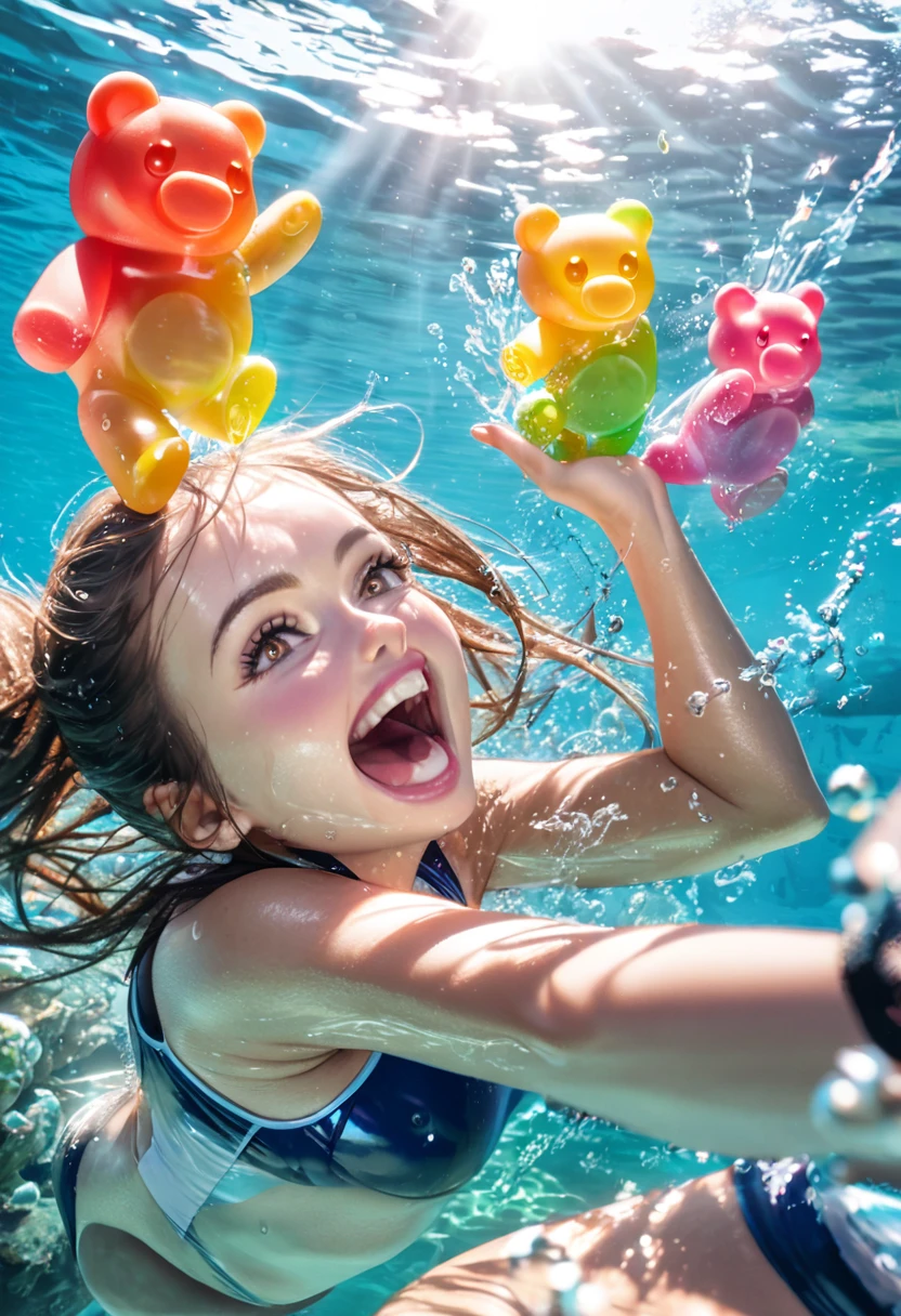 a diving gummy bear,girls mouth,gummy bear,ocean,swimmer,olympic diver(to emphasize professional diving skills),fruit-flavored,shiny,sparkling eyes,delicious-looking,open mouth,excitement,water splashing,splish-splash sound,sunlight,water bubbles,bright colors,vivid underwater scenery,underwater life,cheerful expression,funny poses,high jump,flexible body,perfect technique,athletic,high res photo-realistic,crystal clear water,aquatic environment,evocative lighting,warm reflections,playful atmosphere,smooth actions,precise movements