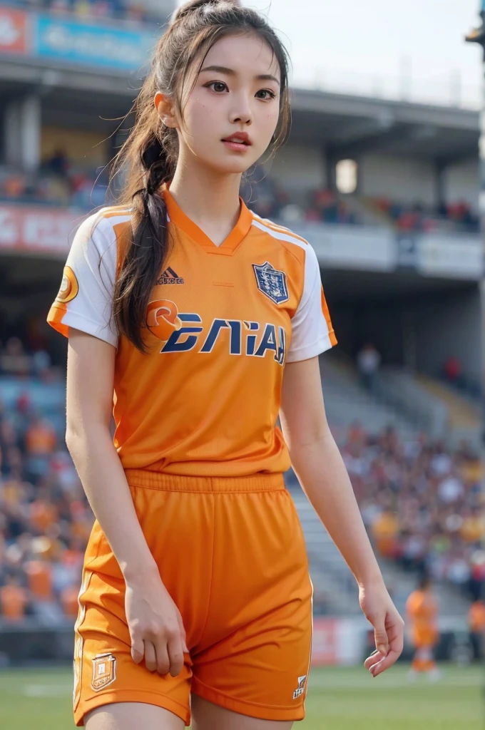 beautiful detail, best quality, 8k, highly detailed face and skin texture, high resolution, cute asian girl in orange soccer uniform at stadium, sharp focus