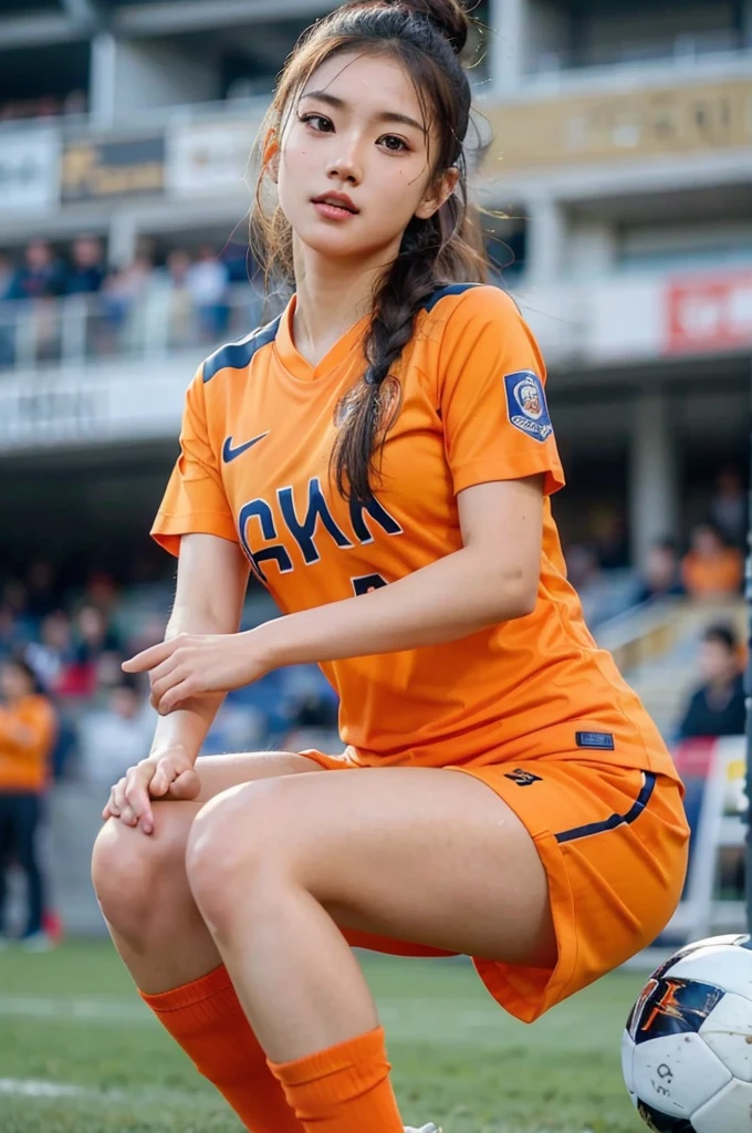 beautiful detail, best quality, 8k, highly detailed face and skin texture, high resolution, cute asian girl in orange soccer uniform at stadium, sharp focus