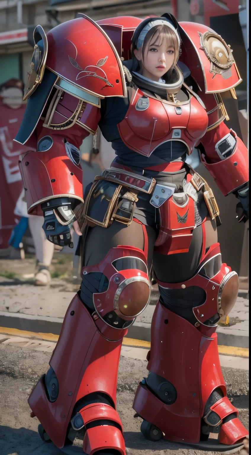 (The main subject: Wide-angle lens), salama，Singer Madonna as Marine Astartes, (Show on the(humongous large breast)Power mech) colours： red colour, (warhammer40k)，Realistic metal mech,Standing in the street.(masterpiece, best quality:1.2), (8k uhd, 16k, 32k, ultra high res), (photorealistic:1.37), (RAW photo), ultimate-realistic, ultimate-realistic details, ultimate-realistic texture, ultimate-intricate details, ultimate-realistic lighting, ultimate-realistic shadow, japanese girl, ultimate-cute face, ultimate-RAW skin, ultimate-realistic eyes, (mechanical:1.4),  (armor), full body, wide shot