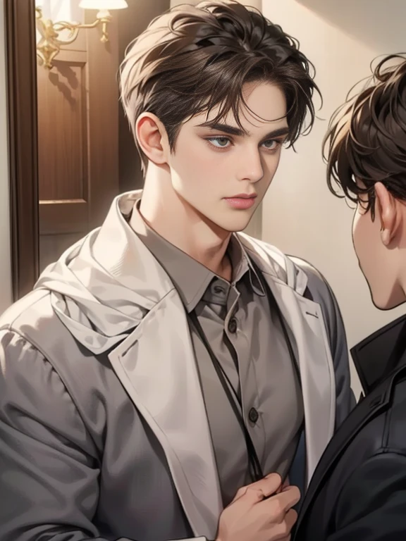 Masterpiece, Best quality, Realistic, 1 person, Mature male, Quiet and charming young man, 25 age old, Serious look, Closed mouth, Portrait, Extremely detailed face, cold smile, ((dark gray eyes)), ((Right sweep short dark brown hair)), [Thick eyebrows], ((suit)), Handsome, full bodyesbian, Western, Jewish, Light brown skin,Stand in front of the mirror，Organize your clothes