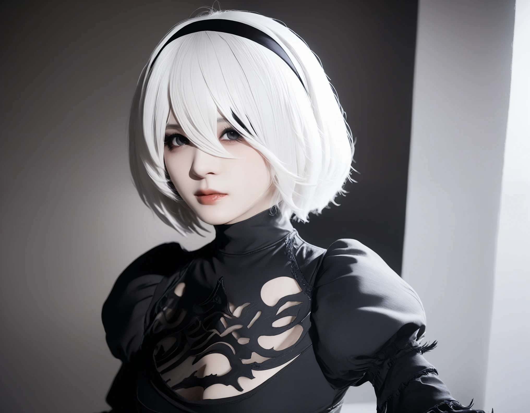 Real selfies、nier:Beautiful cosplay of 2B from Automata、2B、A selfie of a woman cosplaying as 2B、White skin、tall、Great style、Big Breasts、Small face、Small head、High nose、Beautiful Face、30 years old、British women、Half British、nier:2B&#39;s black costume from Automata、Wearing a black blindfold、Stylish background、Light background、Blur the background、Fantasyな都市を背景に、Kiss the viewer、((2B&#39;s selfie))、((Focus Zoom))、((Face Enhancement))、Shooting from a diagonal angle、masterpiece、highest quality、high resolution、Cosplayer Photos、Professional Photoodel、Fantasy、Glaring at the audience、Angry expression、Cosplay Makeup、Real Cosplay Photo、Cool and beautiful photos、Wrapped in a pale white glow、good looking