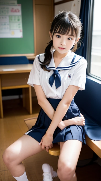 Lens 85mm F1.8,(highest quality),(Tabletop:1.1), (Beautiful old Japanese girl), (Moist lips), Narrow eyes, double eyelid,Beautiful shin、Slender figure、Detailed eyes、(ponytail)、
(Dappled Sunshine:1.2), Dramatic lighting,
Neat sailor uniform、navy blue mini skirt、White tri-fold socks、Loafer shoes, (Sunburned skin:0.7)Called by the teacher,In an empty school classroom、((My teacher is standing behind me and we're about to have sex:1.6))、(((She put her hand under my skirt:1.5)))、((The teacher also sat down.:1.5、I'm sitting on my teacher's genitals、:1.5))、(Shoot so that your shoes are visible:1.5)、((Photographed from a distance to capture the whole body))、
Young Face、Satisfied look, (( Opening legs、Open your legs、Crotch main:1.2)),(Hands on the back)、(Pull up your super micro miniskirt:1.3)、Classroom、 poneyTail、Shaved、Shaved with a cute little bulge:1.5