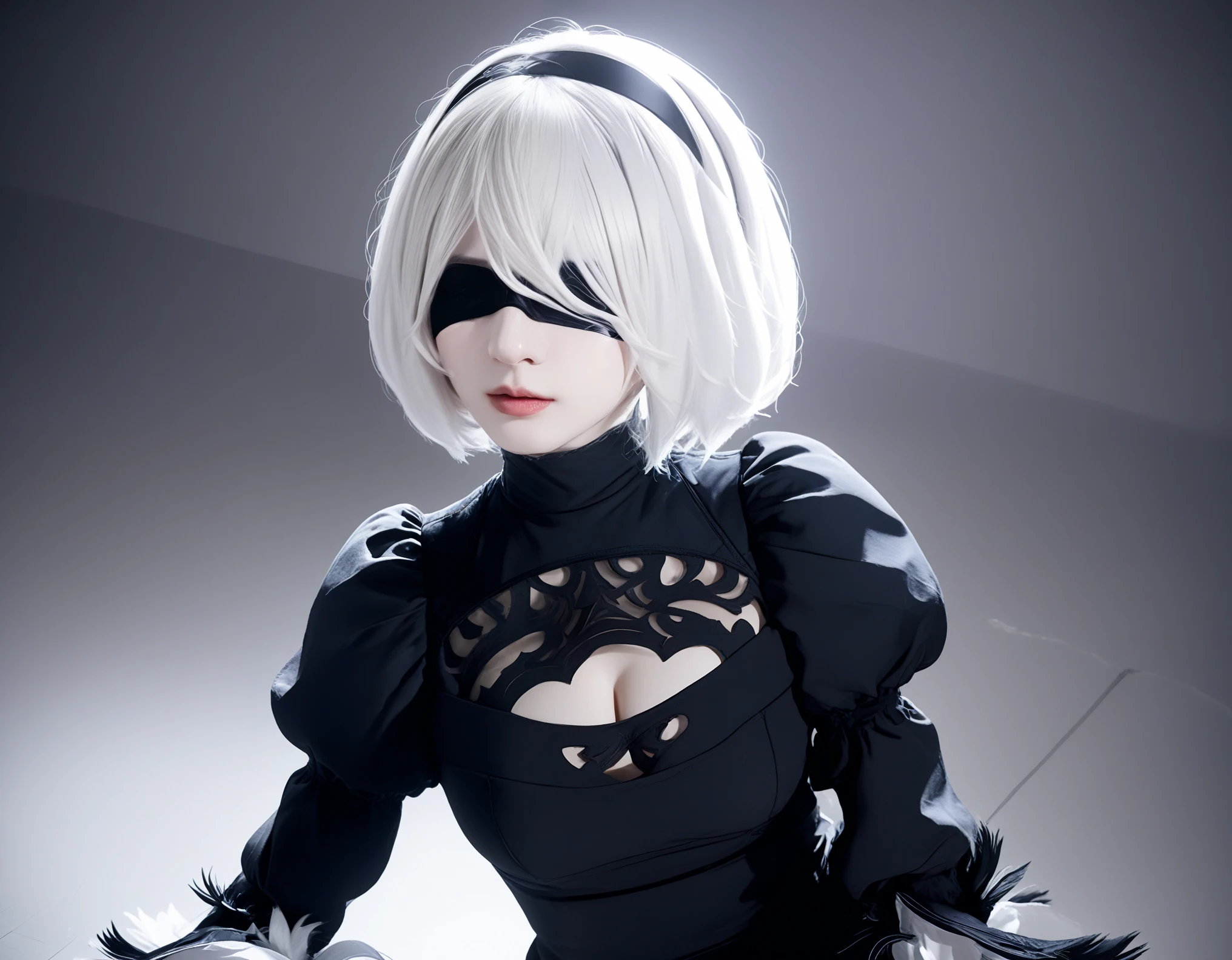 (masterpiece, best quality, detailed:1.4), 2B Nier Automata, 1girl, yorha no. 2 type b, solo, bob cut, white hair, parted lips, lips, lifelike, long sleeves, juliet sleeves, white gloves, turtleneck, bangs, feather trim, feather-trimmed sleeves, blindfold, standing, from behind, black goth dress, outdoors, post-apocalypse, day 