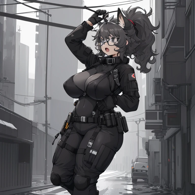 top quality, best quality, High-quality illustrations, masterpiece, super high resolution, detailed background, detailed background, detailed eyes, shy, absurdres(highly detailed beautiful face and eyes)perfect anatomy(kemono, furry anthro), (((character is grayscale))), streamlined integrated breasts tubes connected to valves on nipples and lead down and behind her torso, smaller waist, full squishy thighs, full wide hips, round full butt, smaller torso, more narrow torso, (((Tight tactical bodysleeve under clothing))), (((wearing tight fitted shirt))), (((black fur))), (((dark body))), (((no nudity))), solo, female, kemono, hair, fullbody view, standing up straight, (((detailed eyes))), silver reflective colored iris, city, golden hour, plants, (((by bebebebebe))), by buta99, by pgm300, by kishibe, by suurin 2, by sindoll, by secretly saucy, by ANUKI_ex, (((dark grey hair))), (((wavy hair))), (((black fur))), (((no fur pattern))), (((all black body))), (((black body))), feline, cat, glasses, scifi cyberpunk techwear cargo pants with utility straps, tight bra with thin straps and underbust support that struggle to hold breasts that squish and barely fit with excess breast squishing out from cleavage and sides worn under jacket, bra zips in the middle, bra straps connecting to harness for support, techwear crop jacket with triangle decals, scifi devices and tactical gear, tech harness, utility focused clothing, scifi tactical cylinder canister attached horizontally to her belt behind her with subtle tubes leading out from each side through her clothing and up to her breasts, high collar top, (((dark grey eyes))), open mouth, facing camera, (((messy hair))), short hair, messy ponytail, full body covered in black fur, freckles on her thighs back and arms, no fluids, (((zzzz-cup size breasts))), (((very large swollen breasts that have difficulty fitting in clothing))), nipple silhouette from clothing, inverted nipples, puffy nipple