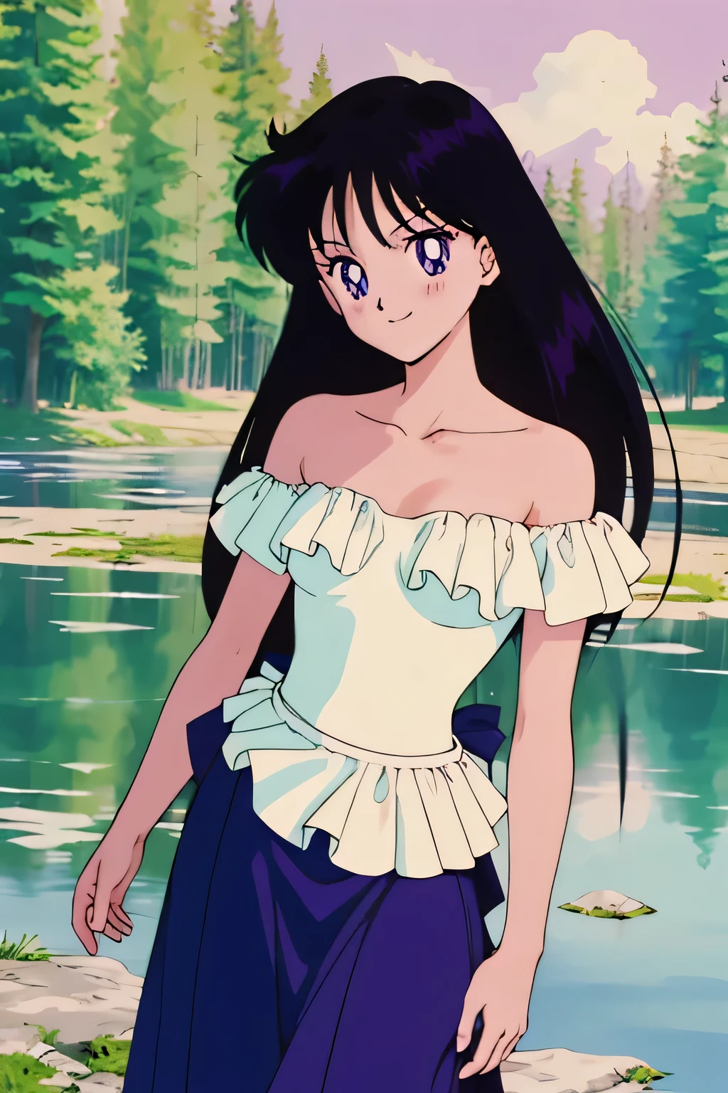 Long shot of Rei Hino standing on the shore of a pond in the forest, (retro anime girl:1.2), (blue dress:1.1), (masterpiece:1.2), (best quality), (ultra detailed), (8k,4k), (half body:1.2), (cowboy:1.2), (close up:1.2), (highly detailed:1.2), (Ruffle Off-the-shoulder top:1.4), (Maxi skirt:1.4), Rei Hino, 1 girl, solo, Best quality, masterpiece, High Definition, ager, Purple Eyes, Beautiful Detail Eyes, Black Hair, Long Hair, Good hands at sides, Smile, Blushing, Bare Neck, Bare Arms, Bare Shoulders, short sleeve, Strapless, Blue Ruffle Off-the-Shoulder Top, Blue Off-the-shoulder Dress, White maxi dress, standing up, bare feets touch the water, ((Gently bow to the surface of the water)) large strokes ，Easy brush strokes，Elegant mood, looking at viewers, forest, pond, sunset skies, 