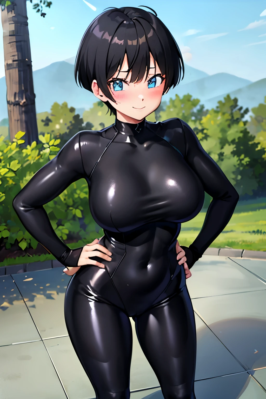 ((Black tight suit:1.4)),Shortcuts,Black Hair,blush,smirk,Boyish Hair,forest,barefoot,bare hands,Place hands on hips,Are standing,Large Breasts,blue eyes,