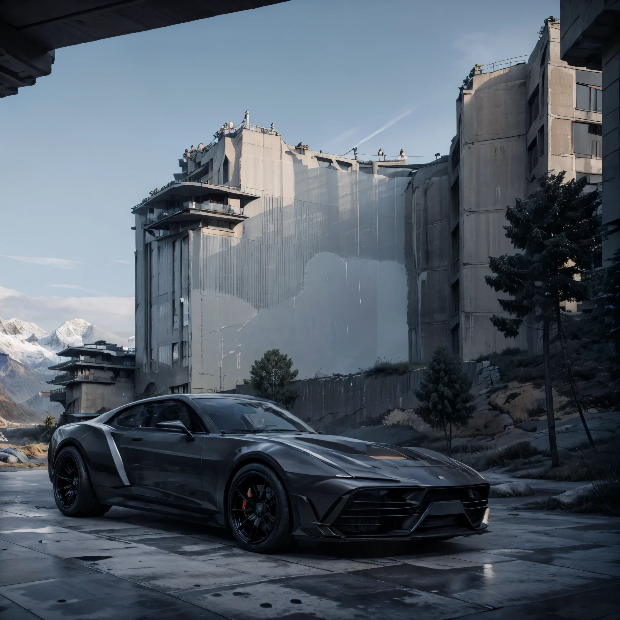 A well-detailed black car, on a concrete track, in a background environment with rocks and mountains covered in ice, blue sky with detailed clouds, car in motion, (just one car) HDR, ultra resolution, well defined, masterpiece, 8K HD
