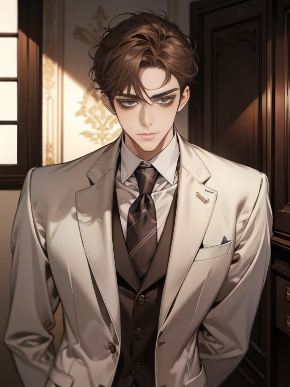 Masterpiece, Best quality, Realistic, 1 person, Mature male, Quiet and charming young man, 25 age old, Serious look, Closed mouth, Portrait, Extremely detailed face, cold smile, ((dark gray eyes)), ((Right sweep short dark brown hair)), [Thick eyebrows], ((suit)), Handsome, full bodyesbian, Western, Jewish, Light brown skin,Stand in front of the mirror，Organize your clothes