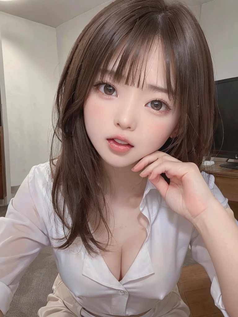 ((8k, RAW Photo, Best Quality, Masterpiece: 1.3),((highest quality)), ((masterpiece)), ((Perfect Face))、21 years old,、Brown Hair、、blushed、Sweaty all over、Ahegao、office lady、Business jacket、Business Skirt、Open your mouth wide、Sticking out tongue、Close ~ eyes、On knees、Looking into the camera from below、The camera is angled from the ceiling.、