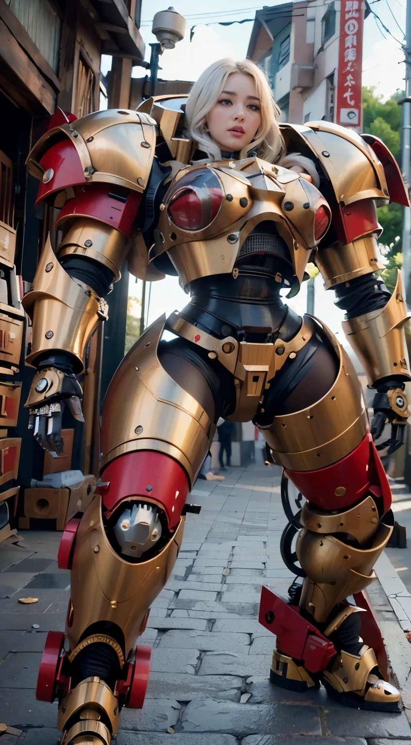 (The main subject: Wide-angle lens), salama，Singer Madonna as Marine Astartes, (Show on the(humongous large breast)Power mech) colours： red colour, (warhammer40k)，Realistic metal mech,Standing in the street.(masterpiece, best quality:1.2), (8k uhd, 16k, 32k, ultra high res), (photorealistic:1.37), (RAW photo), ultimate-realistic, ultimate-realistic details, ultimate-realistic texture, ultimate-intricate details, ultimate-realistic lighting, ultimate-realistic shadow, japanese girl, ultimate-cute face, ultimate-RAW skin, ultimate-realistic eyes, (mechanical:1.4),  (armor), full body, wide shot