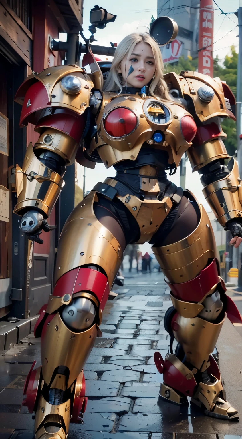 (The main subject: Wide-angle lens), salama,Singer Madonna as Marine Astartes, (Show on the(humongous large breast)Power mech) colours: red colour, (warhammer40k),Realistic metal mech,Standing in the street.(masterpiece, best quality:1.2), (8k uhd, 16k, 32k, ultra high res), (photorealistic:1.37), (RAW photo), ultimate-realistic, ultimate-realistic details, ultimate-realistic texture, ultimate-intricate details, ultimate-realistic lighting, ultimate-realistic shadow, japanese girl, ultimate-cute face, ultimate-RAW skin, ultimate-realistic eyes, (mechanical:1.4), (armor), full body, wide shot