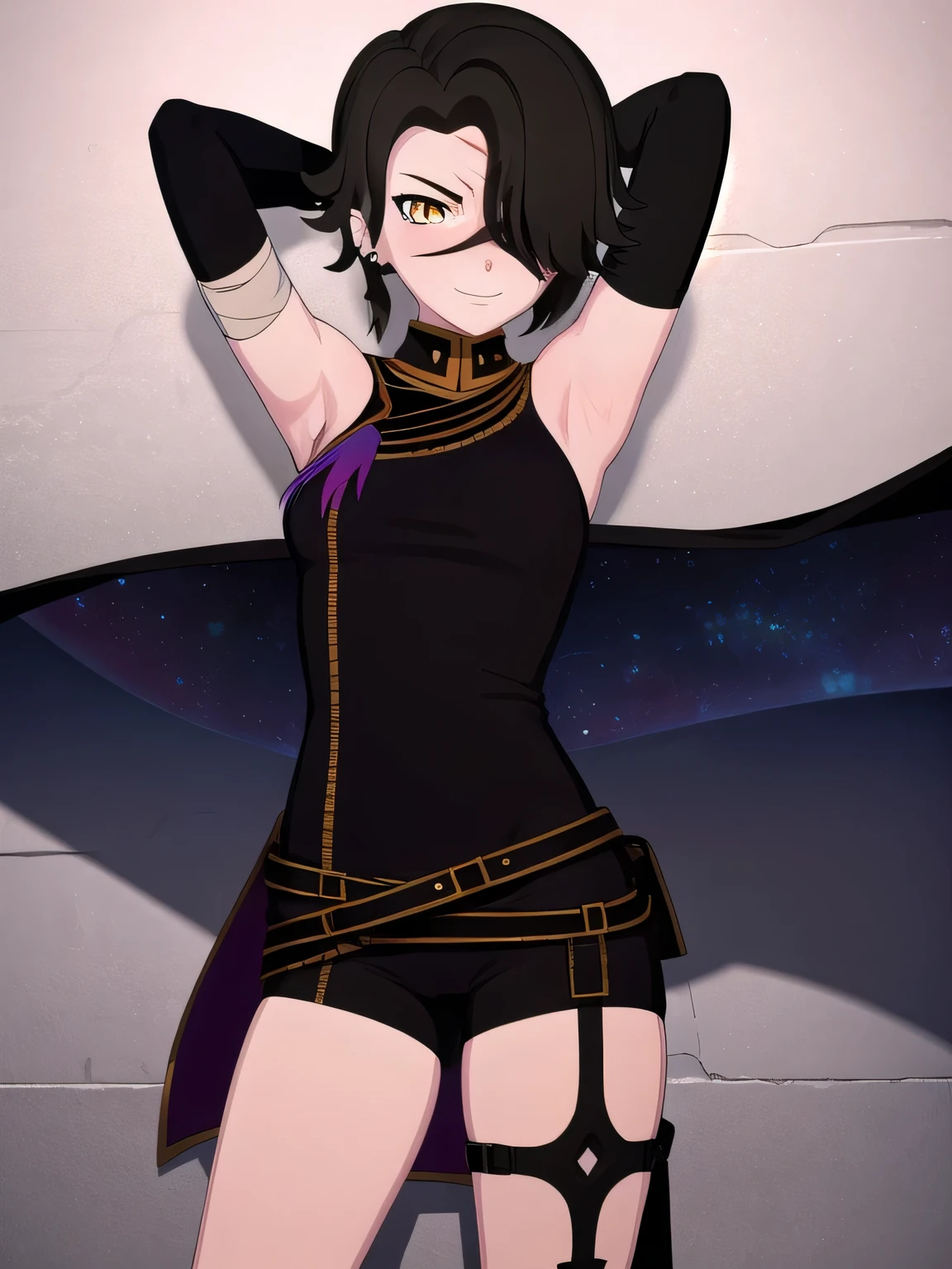 cinderfall, cinder fall, short hair, black hair, (yellow eyes:1.5),
BREAK gloves, dress, jewelry, earrings, black gloves, elbow gloves, hair over one eye, tattoo, scar, shorts, black gloves, belt, bandages, dress, black dress, solo,
contrapposto, spread armpit, arms behind head, smile, BREAK looking at viewer, (cowboy shot:1.5)