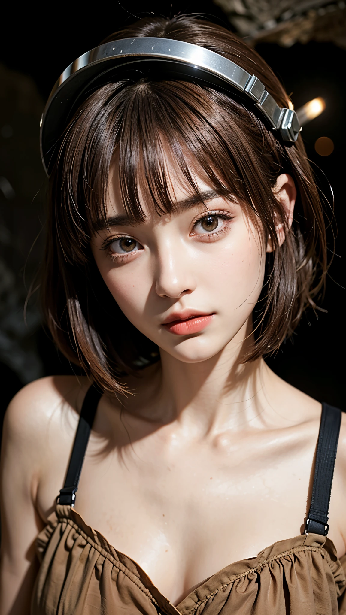 highest quality, masterpiece, Ultra-high resolution, (Realistic:1.4), (Close-up portrait) RAW Photos, 1 girl,20-year-old,One-piece dress,((Cave)),(Underground city discovered),((Helmet)),((Headlight)),((torch持って)),((Cave exploration)),,((Brown hair girl make-up)),((torch)),((Smooth and straight short hair)),((Cap Chestnut)),((Short bangs)),Realistic,Picture Media Chest)),