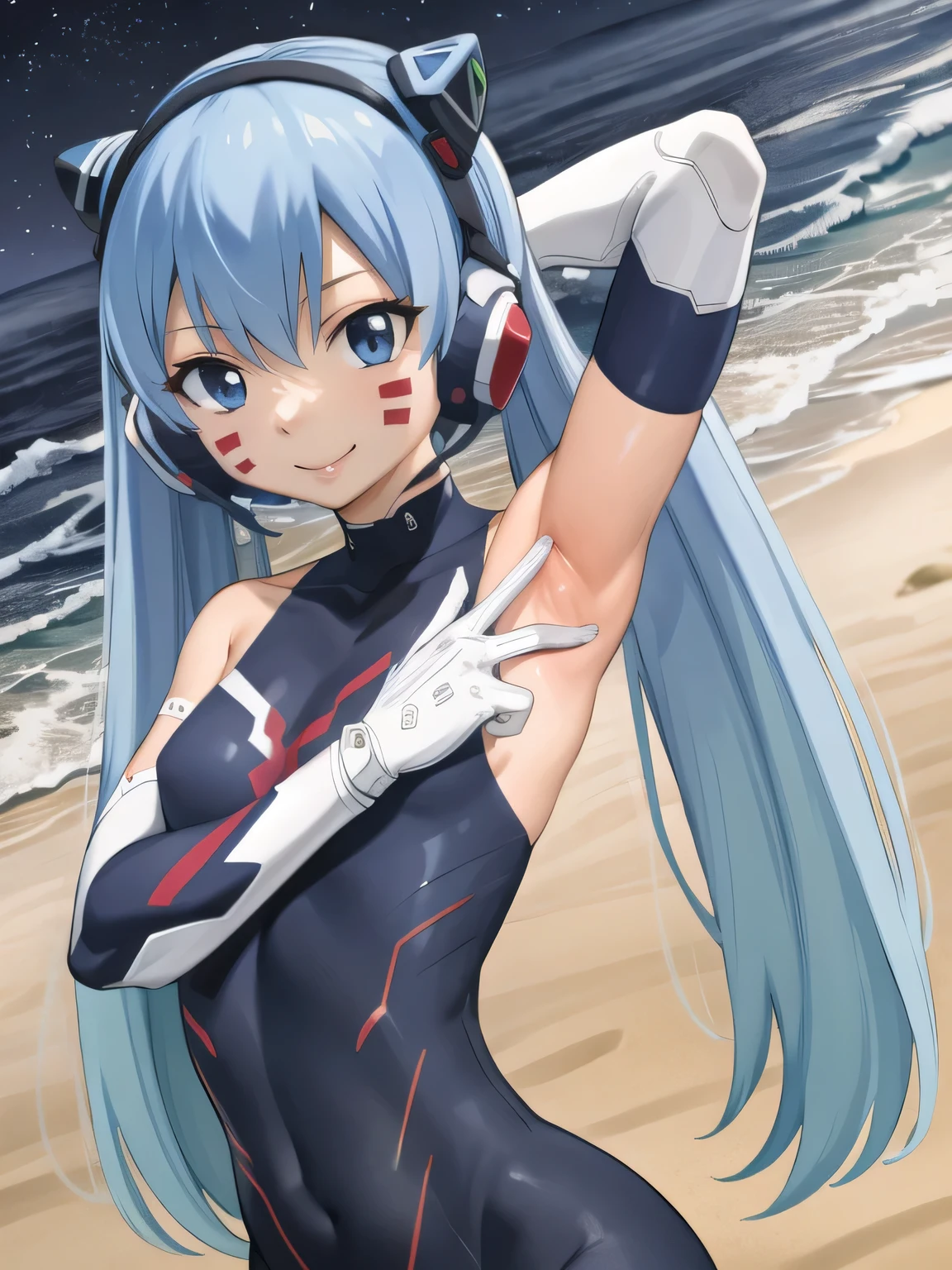 masterpiece, best quality, highres, aamio, long hair, twintails, facial mark, headphones, small breasts, white bodysuit, skin tight, gloves, dynamic pose, contrapposto, spread armpit, arms behind head, smile, solo, looking at viewer, upper body, cyberpunk, smile, night sky, beach,