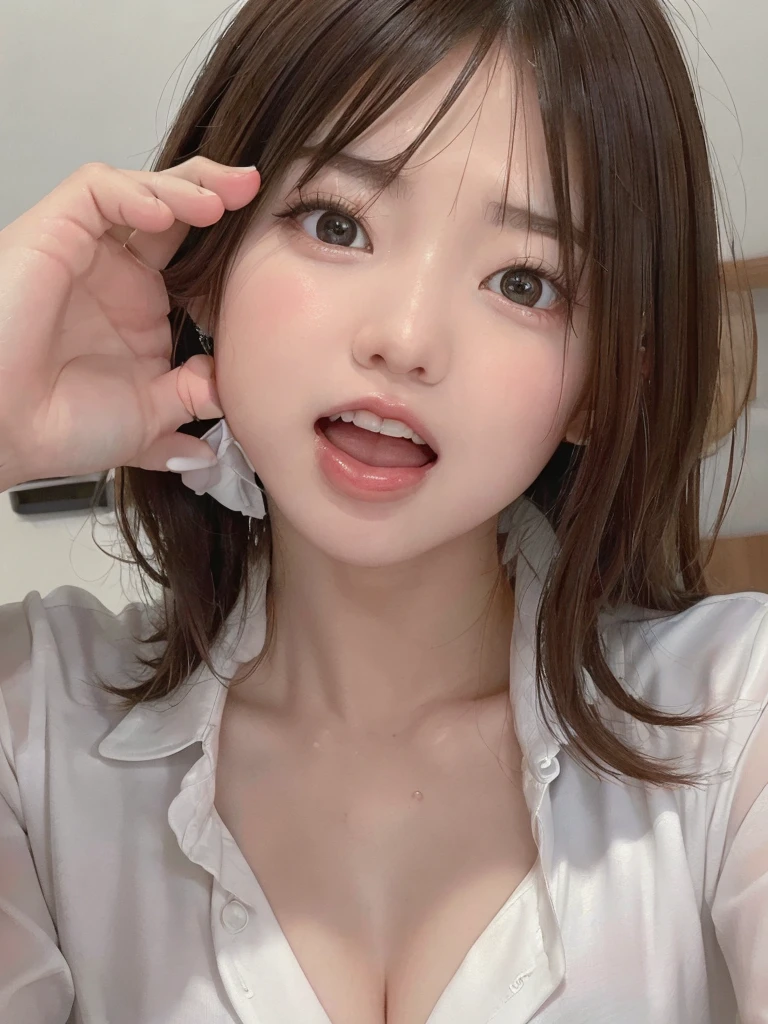 ((8k, RAW Photo, Best Quality, Masterpiece: 1.3),((highest quality)), ((masterpiece)), ((Perfect Face))、21 years old,、Brown Hair、orgasm、blushed、Sweaty all over、Ahegao、office lady、Business jacket、Business Skirt、Open your mouth wide、Sticking out tongue、Close ~ eyes、On knees、Looking into the camera from below、The camera is angled from the ceiling.、