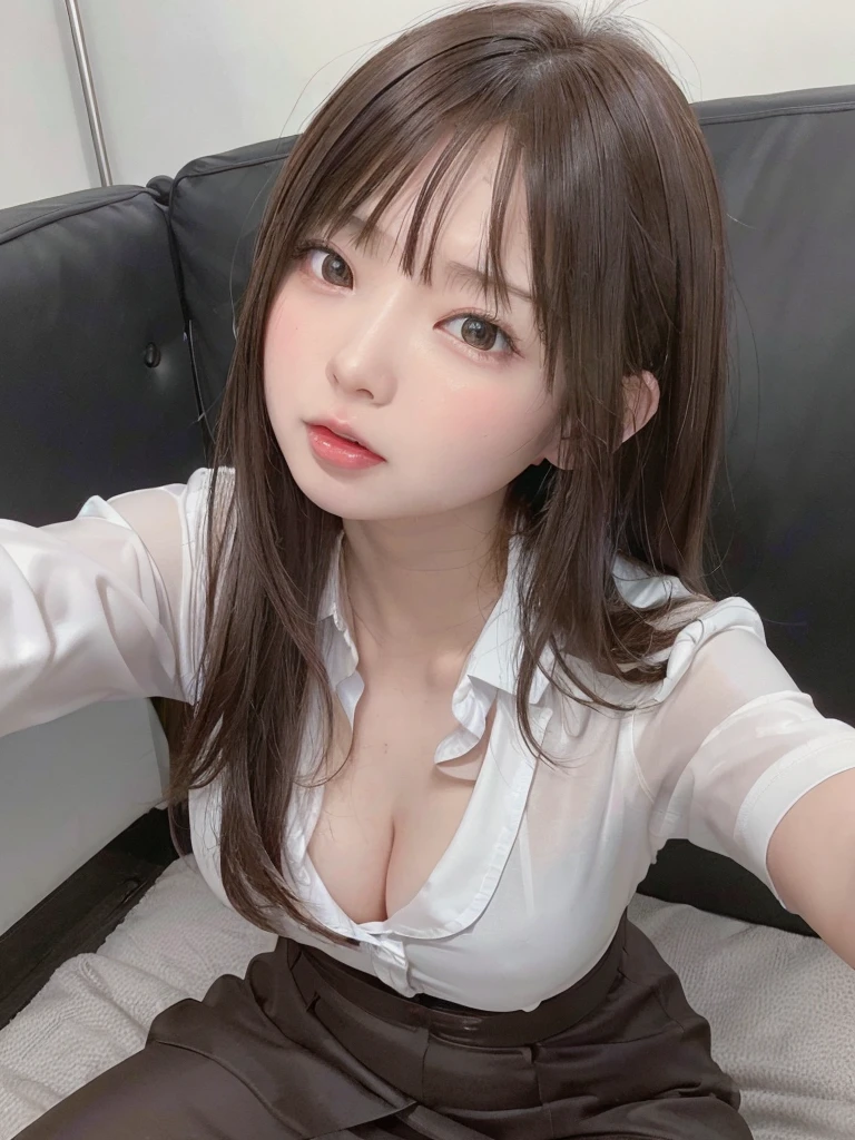 ((8k, RAW Photo, Best Quality, Masterpiece: 1.3),((highest quality)), ((masterpiece)), ((Perfect Face))、21 years old,、Brown Hair、orgasm、blushed、Sweaty all over、Ahegao、office lady、Business jacket、Business Skirt、Open your mouth wide、Sticking out tongue、Close ~ eyes、On knees、Looking into the camera from below、The camera is angled from the ceiling.、