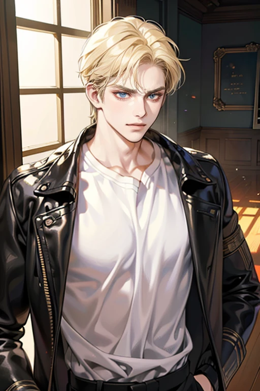 (tmasterpiece, high resolution, ultra - detailed:1.0), (1 boy, Young male, masculine face), Perfect male body, Adult male, Delicate eyes and delicate face, Extremely detailed CG, Unity 8k wallpaper, Complicated details, Detailed face, (blond hair, messy hair, serious faces, white T-shirt,Bad students), (frown,evil smile:1.3), hand in pocket, school corridor,black leather jacket, color difference, Depth of field, dramatic shadow, Ray tracing, Best quality, Cinematic lighting, offcial art,Portrait