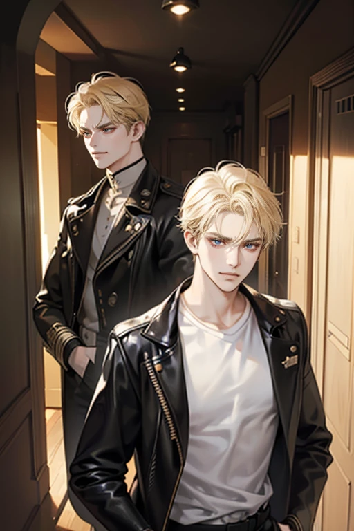 (tmasterpiece, high resolution, ultra - detailed:1.0), (1 boy, Young male, masculine face), Perfect male body, Adult male, Delicate eyes and delicate face, Extremely detailed CG, Unity 8k wallpaper, Complicated details, Detailed face, (blond hair, messy hair, serious faces, white T-shirt,Bad students), (frown,evil smile:1.3), hand in pocket, school corridor,black leather jacket, color difference, Depth of field, dramatic shadow, Ray tracing, Best quality, Cinematic lighting, offcial art,Portrait