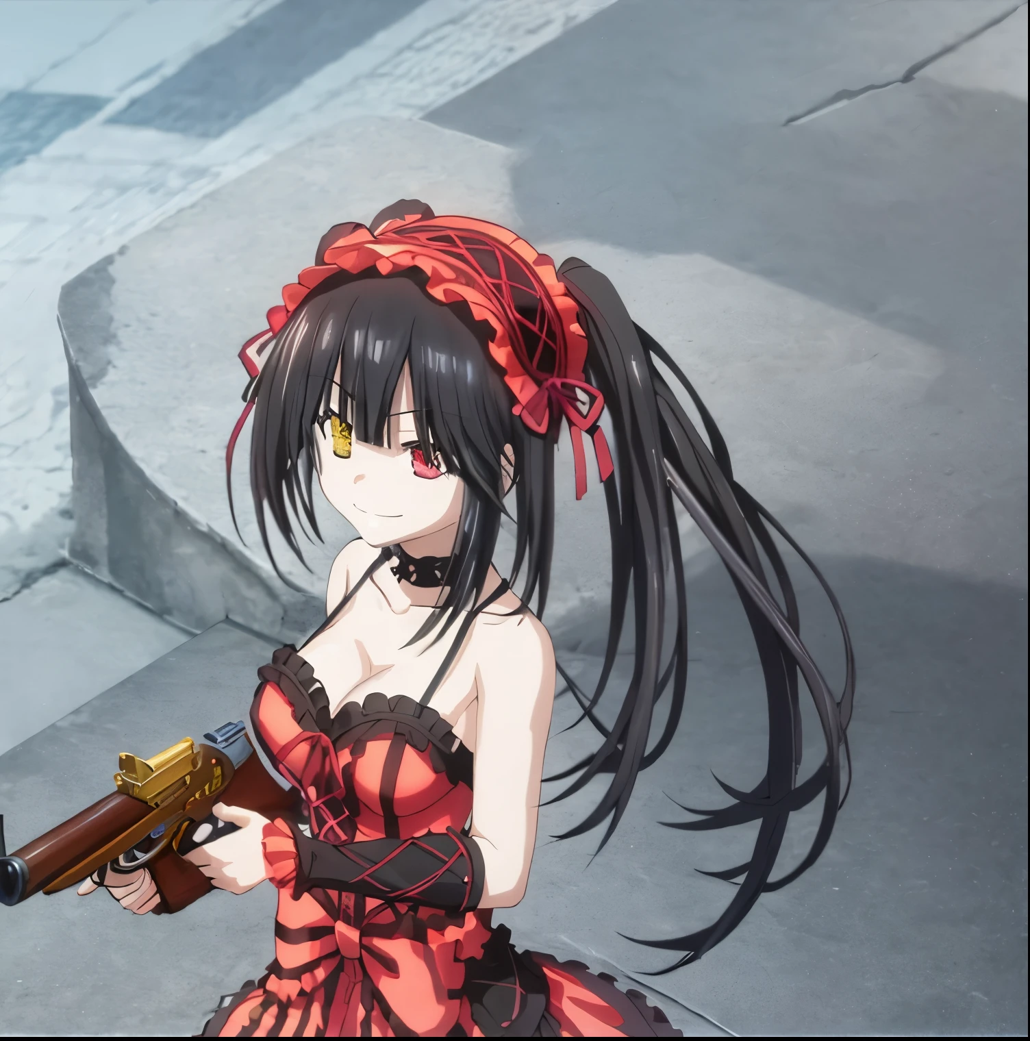 1girl, alone,kurumi tokisaki,masterpiece, best quality, highres, 1girl, aakurumi, long hair, twintails, hairband, heterochromia, medium breasts, cleavage, black choker, red ribbon, bare shoulders, gothic, red dress, red bow, detached sleeves, red skirt, holding weapon, gun, outdoors, smile, holding Gun, perfect hands, perfect anatomy
