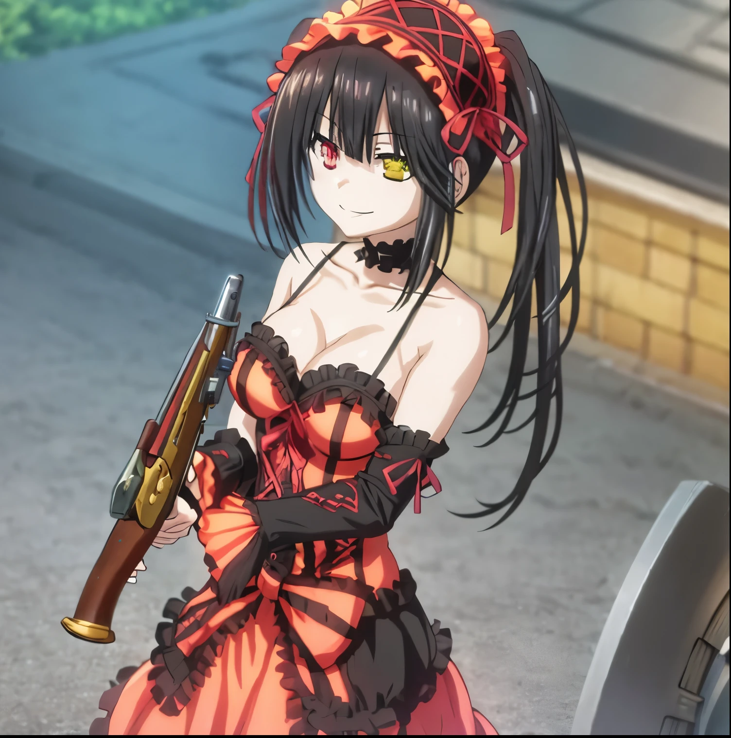 1girl, alone,kurumi tokisaki,masterpiece, best quality, highres, 1girl, aakurumi, long hair, twintails, hairband, heterochromia, medium breasts, cleavage, black choker, red ribbon, bare shoulders, gothic, red dress, red bow, detached sleeves, red skirt, holding weapon, gun, outdoors, smile, holding Gun, perfect hands, perfect anatomy
