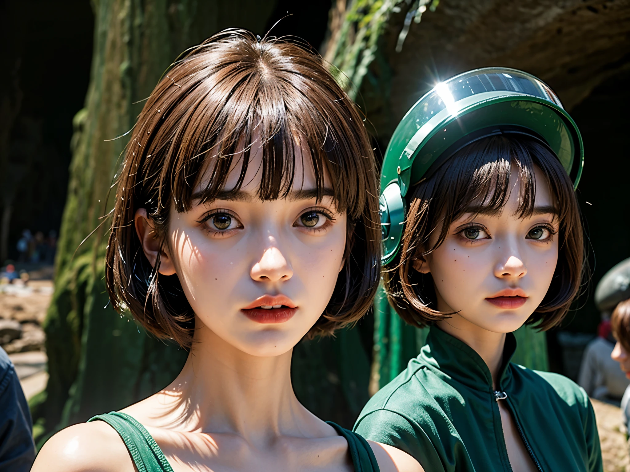 2girls)、__Body parts__、offcial art、统一 8k 壁纸、ultra - detailed、Beauty and aesthetics、best qualityer，big breasts beautiful、tmasterpiece、best qualtiy、infinite details，Anime image of two girls with green hair and a crown on their head, Green crown, High-quality fanart, two beautiful anime girls,  loputyn and matcha, highly detailed exquisite fanart, official fanart, zerochan art, Detailed fanart, There is a cute turtle, Official artwork, offcial art