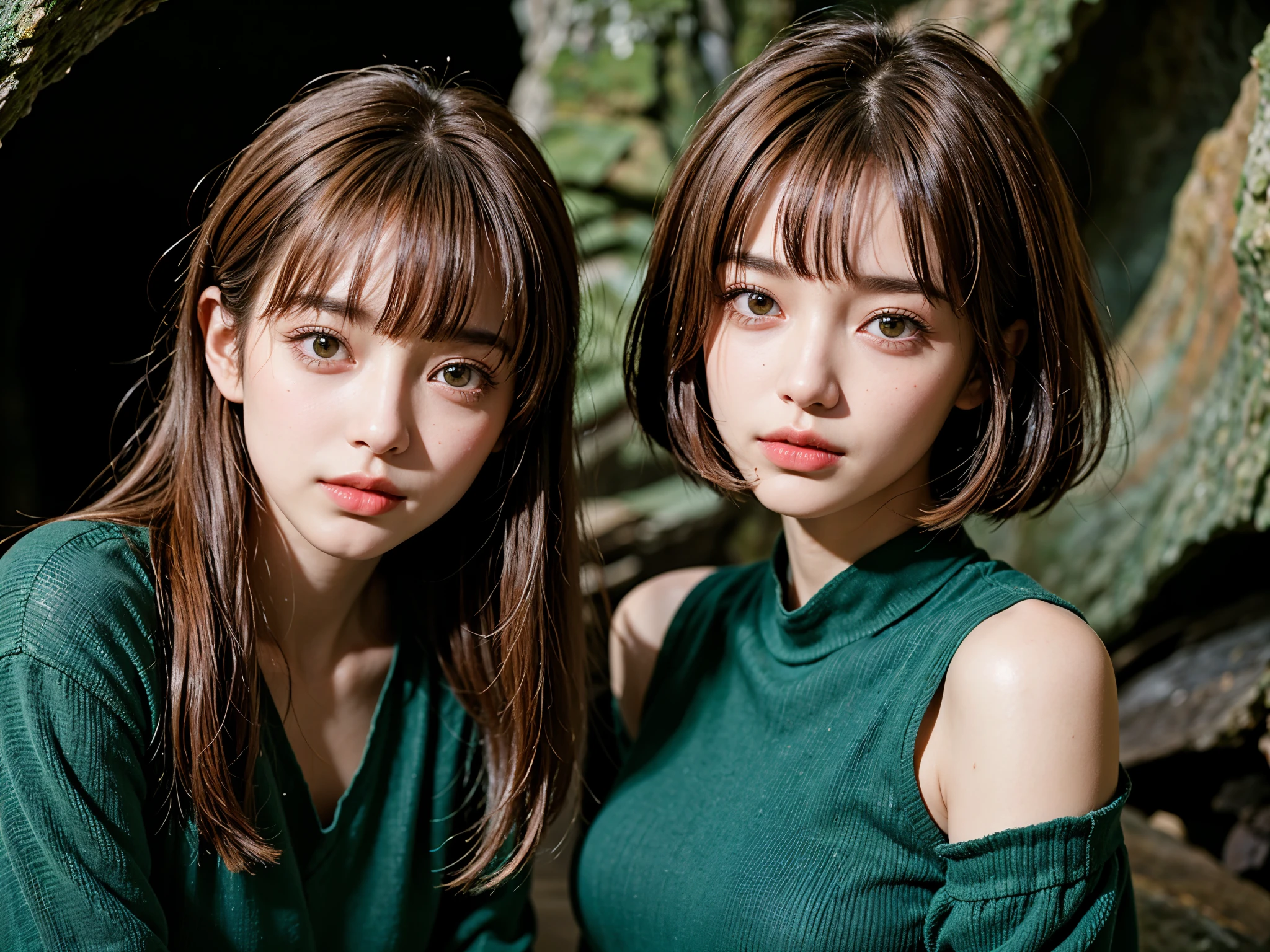 highest quality, masterpiece, Ultra-high resolution, (Realistic:1.4), (Close-up portrait) RAW Photos, 1 girl,20-year-old,One-piece dress,((Cave)),((Inside the emerald green cave)),((Helmet)),((torch持って)),((Cave exploration)),,((Brown hair girl make-up)),((torch)),((Smooth and straight short hair)),((Cap Chestnut)),((Short bangs)),Realistic,Picture Media Chest)),