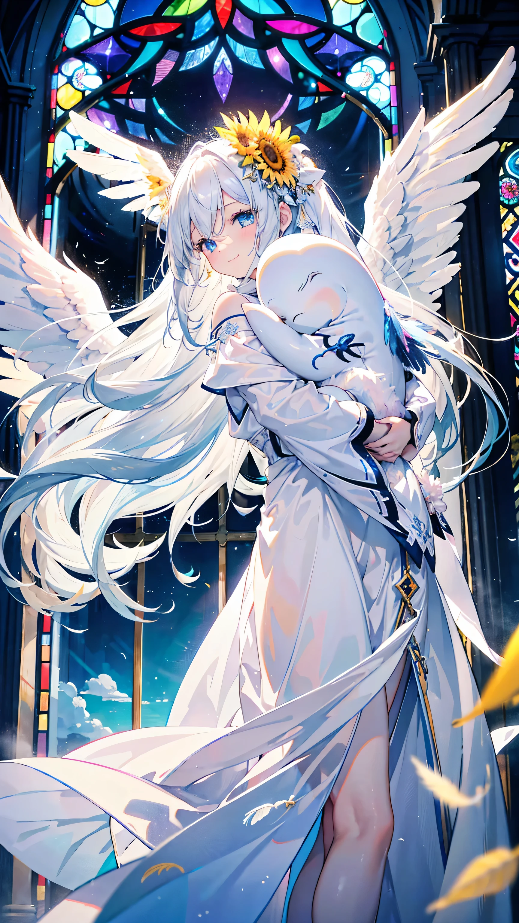 A pretty woman with long white hair and blue eyes、24-years-old、A cute, shy smile、Angel wings on the back、Saint's clothing in white with yellow lines、Church stained glass、Feathers dance、Sunflowers in her hair、Pink beluga with angel wings(beluga)and a baby blue lion with angel wings