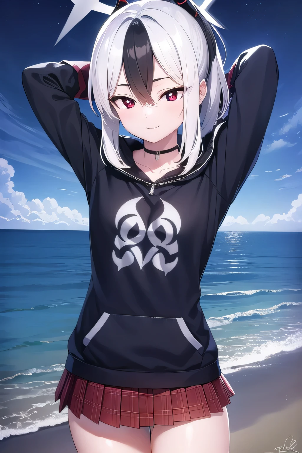 kayokoonikata, kayoko onikata, black hair, demon horns, hair between eyes, halo, horns, long hair, low wings, mole, mole on collarbone, multicolored hair, ponytail, (red eyes:1.5), single wing, two-tone hair, white hair, wings, black ponytail,
BREAK black hoodie, choker, hood, hoodie, pleated skirt, skirt, red skirt,
dynamic pose, contrapposto, spread armpit, arms behind head, solo, looking at viewer, (cowboy shot:1.5), closed mouth, night sky, beach, masterpiece, best quality, smile,
BREAK (masterpiece:1.2), best quality, high resolution, unity 8k wallpaper, (illustration:0.8), (beautiful detailed eyes:1.6), extremely detailed face, perfect lighting, extremely detailed CG, (perfect hands, perfect anatomy),