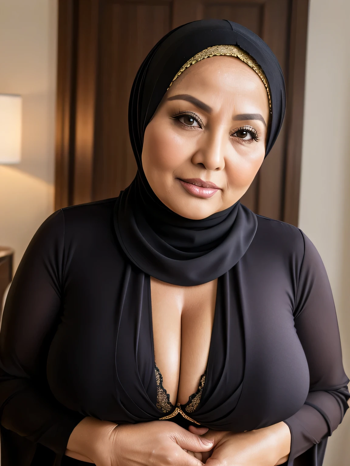 (Realistic) ((Hijab)) (real mature face) 68 Years old fat Brunei mature woman, sexy curvy, (sexy chubby body shape), Big  : 34.9, (cleavage Breast about To burst out from her clothes), professional photography with excellent lighting