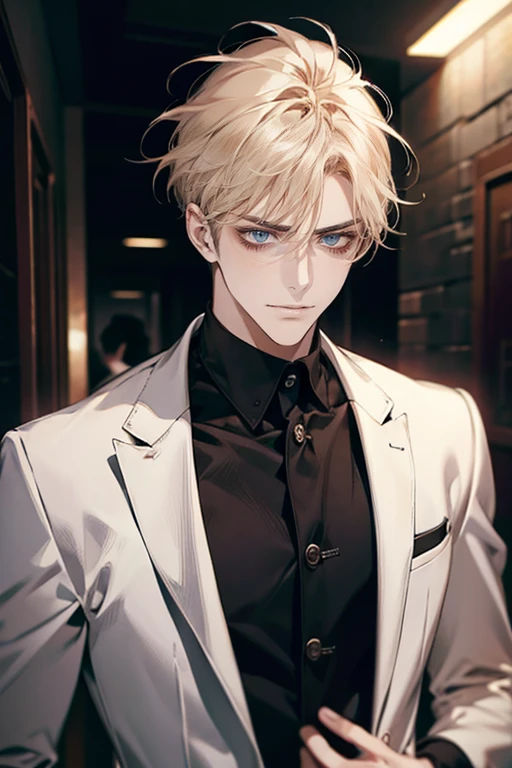 (tmasterpiece, high resolution, ultra - detailed:1.0), (1 boy, Young male, masculine face), Perfect male body, Adult male, Delicate eyes and delicate face, Extremely detailed CG, Unity 8k wallpaper, Complicated details, Detailed face, (blond hair, messy hair, serious faces, white T-shirt,Bad students), (frown,evil smile:1.3), hand in pocket, school corridor,black leather jacket, color difference, Depth of field, dramatic shadow, Ray tracing, Best quality, Cinematic lighting, offcial art,Portrait