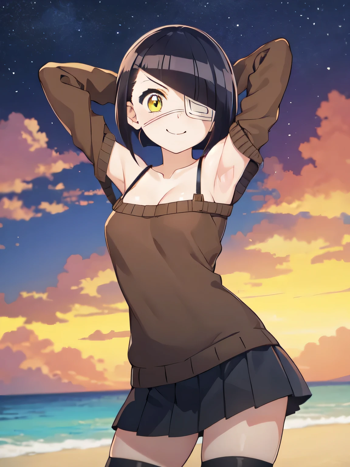 nakanaka_omoharu, 1girl, solo, constricted pupils, skirt, medium breasts, thighhighs, long sleeves, bare shoulders, dynamic pose, contrapposto, spread armpit, arms behind head, smile, solo, looking at viewer, (cowboy shot:1.5), smile, closed mouth, night sky, beach, cleavage, pleated skirt, black thighhighs, miniskirt, black skirt, off shoulder, brown sweater, zettai ryouiki, sleeves past wrists, eyepatch, bandaged hand, 