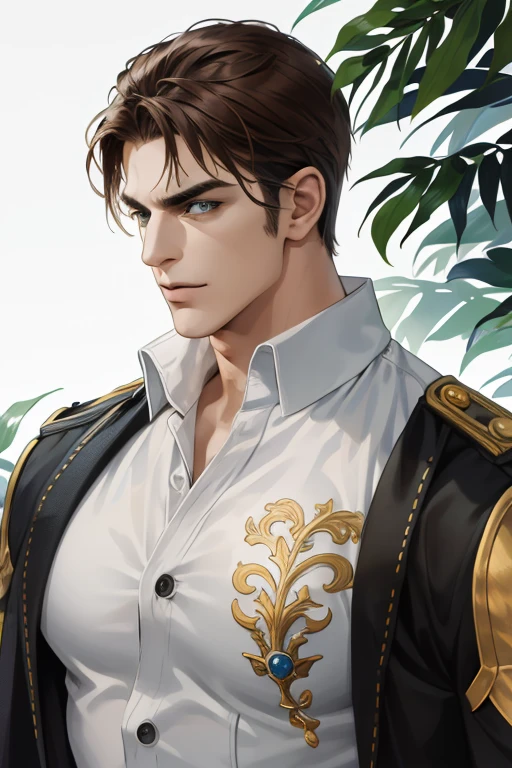 (absurdres, highres, ultra detailed), (1 male, solo, adult, mature, aged up, tall muscular guy, broad shoulders, handsome), wavy brown hair, green eyes, (angular jaw, thick neck, thick eyebrows), BREAK, forest, fantasy, Uniform, extremely detailed face, upper body,