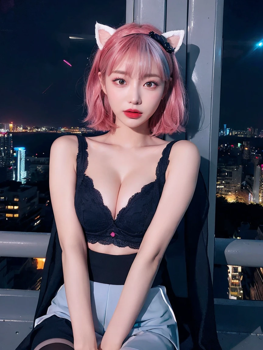 最high quality, masterpiece, 32k、Super detailed、realistic、1 girl, japanese woman、cute face, (photo actual:1.3),bob hair(red pink hair color、pink hairstyle)、edge lighting, (high detail skin:1.2), 8K超High resolution, Single-lens reflex camera, high quality, High resolution, 4k, 8K, Optimal ratio of 4 fingers to 1 thumb, (actual:1.3) in、(((Shoot the whole body including the feet))), (((Navy blue thief costume and skirt with attention to detail)))、 ((pantyhose)), (((Beautiful light blue skin)))、 (((Short hair with light blue and silvery white bangs and sides.)))、(perfect body), (perfect face), (perfect hands), (perfect fingers), (perfect feet), ((((Long red eyes))))、 (((Decisive pose))) 、cute 1 girl, realistic、Super realistic、32k、Super detailed、masterpiece, 最high quality, beautiful girl, beauty、Neon colored cat ears headband、small breasts, Mecha, beautiful lighting, (neon light:1.2), (night:1.5), Cyberpunk Costume、sitting,Cyber Neon、future city、Skyscraper、City night、Chongqing、big city、night scene、Beautiful night scene