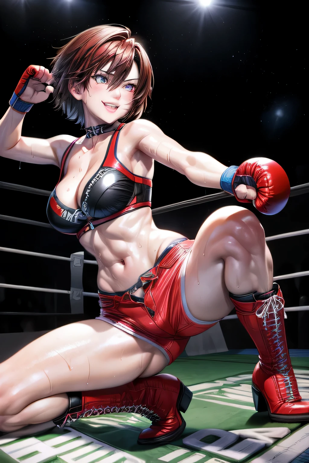 1girl,18yo,perfect hands, perfect finger,perfect anatomy,masterpiece, best quality,realistic, hyperrealistic, 16k hdr,,HINOMOTO_REIKO,large BREASTS,SHORT HAIR,BLACK HAIR,NAVEL, CLEAVAGE, BROWN EYES,BOOTS,CHOKER,MIDRIFF, FINGERLESS GLOVES,(RED SHORT SHORTS,red bra,thong:1.2),sweat,(boxing ring,spot light),(fighting pose,spread legs:1.5),dynamic pose,dynamic angle,smile,,from side,