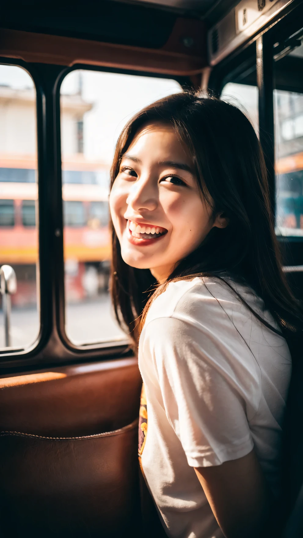 (Raw photo, 8K, highest quality, masterpiece: 1.2), Super detailed, super resolution, a beautiful girl, bus, (great laughing:1.1), open your mouth. Pov, depth of field, glowing light, UHD,