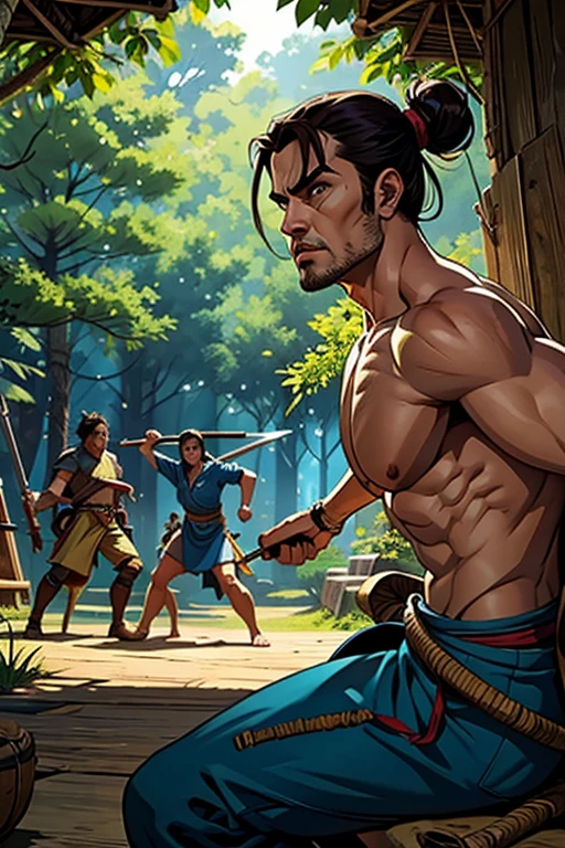 obra de arte, Muito detalhado, ultra realistic, fundo detalhado, Bright lighting, natural lighting,, (swordsman fighting bandits in a square surrounded by forests), (cabana na montanha), (Wide angle),