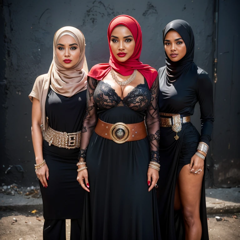 Group of Malaysian girls wearing bikini with hijab ,malay, The whole body consists of a young girl with hijab, Eye makeup, 21yo, Cat ears, Soft lighting, Solo, Wear shabby clothes, Dirty, Tattered futuristic military uniform, Cat's paw badge, Pose, spot color, rendering by octane, Ultra-realistic intricate details, Cinematic, 8K resolution, 70mm, emphasis lighting's (((2 girls:1.5, girls standing))) Setting background: Basquiat graffiti wall background,Graffiti artist, urban walls, spray paint cans, bold colors, rebellious strokes, street gallery, artistic , night shadows, public expression, aerosol mastery, layered stencils, cultural messages, graffiti tags, creative risks, vibrant visuals, underground recognition, impactful designs, urban transformation. Art by Mschiffer (((Sexy smile))), (((Full body model pose))) (((Red lips))) (((wearing a Sexy belt design by LV))) bride very fit physique (38D breast:1.3) , (((Woman with hijab style, modern hijan)), (lace stockings), (((Wearing: diamond necklace and earrings))). RAW photo, full sharp, detailed face (high detailed skin:1.2), 8k uhd, dslr, soft lighting, high quality, film grain, Fujifilm XT3, (extremely beautiful face, sexy lips, beautiful red lips, Clear eyes, beautiful eyes), (big green eyes), pretty girl, face forward, intricate detail face, ((ultra detailed skin)) (skin texture, film grain), Detailed beautiful face, natural tpose, natural facial expression, (((Straight breasts))), Surreal full-body figure, Beautiful and delicate body and face, gorgeous figure, ssmile, Titillating，Surreal full-body figure，Beautiful and detailed body and face, Super vista, White skin of the, vivd colour,🔥8k, masterpiece, RAW photo, best quality, (18k detail:1.2), photorealistic, extremely, deep shadow, earrings, bracelets, necklace,