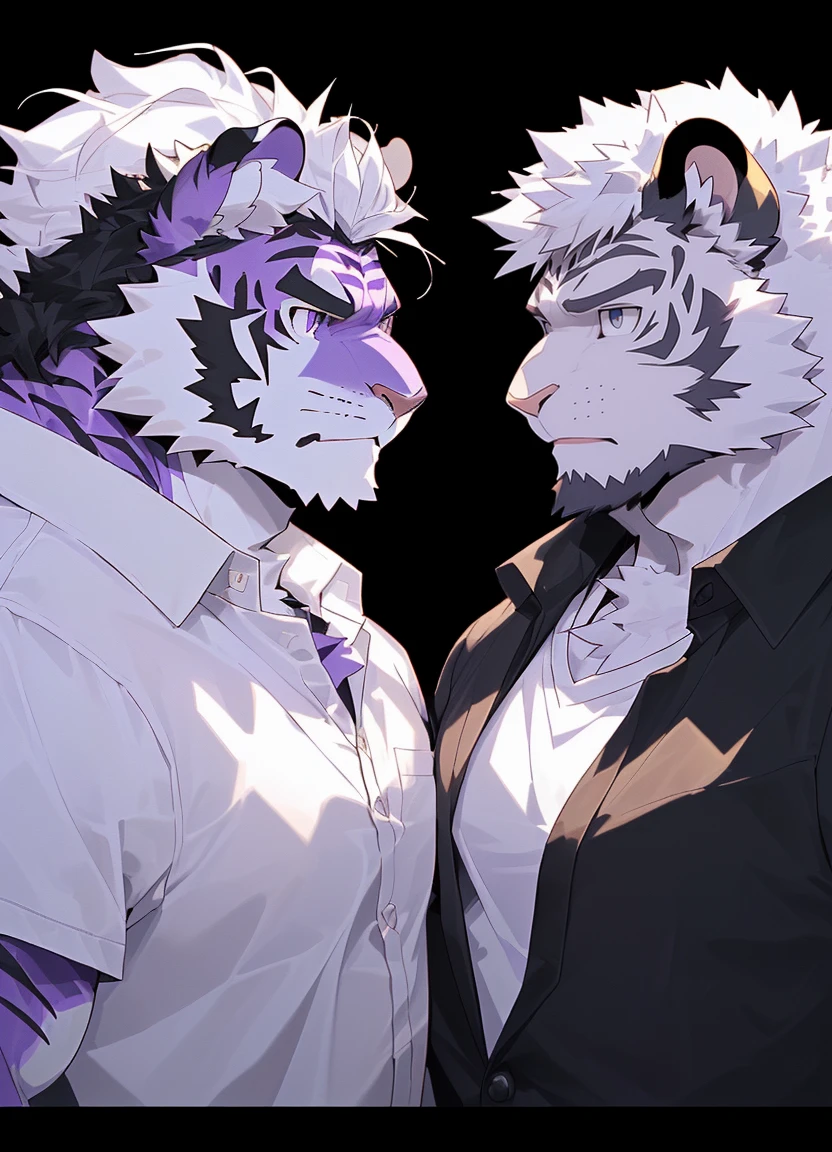 (Split topics:1.5),(Two paintings of angels and demons(close up)), Batalla entre Good and Evil,masterpiece,best quality,tiger_beast(Fluffy fur,Fluffy,hairy) ,(Purple fur on the left,Right side golden fur:1.2)Heterochromia,(The devil on the left,Angel on the right),Two-color hair,(Two-color_shirt:1.2),(Chiaroscuro:1.2),(The one on the left has black hair and purple eyes,On the right is white hair and golden eyes:1.2),male,Face focus, Front view