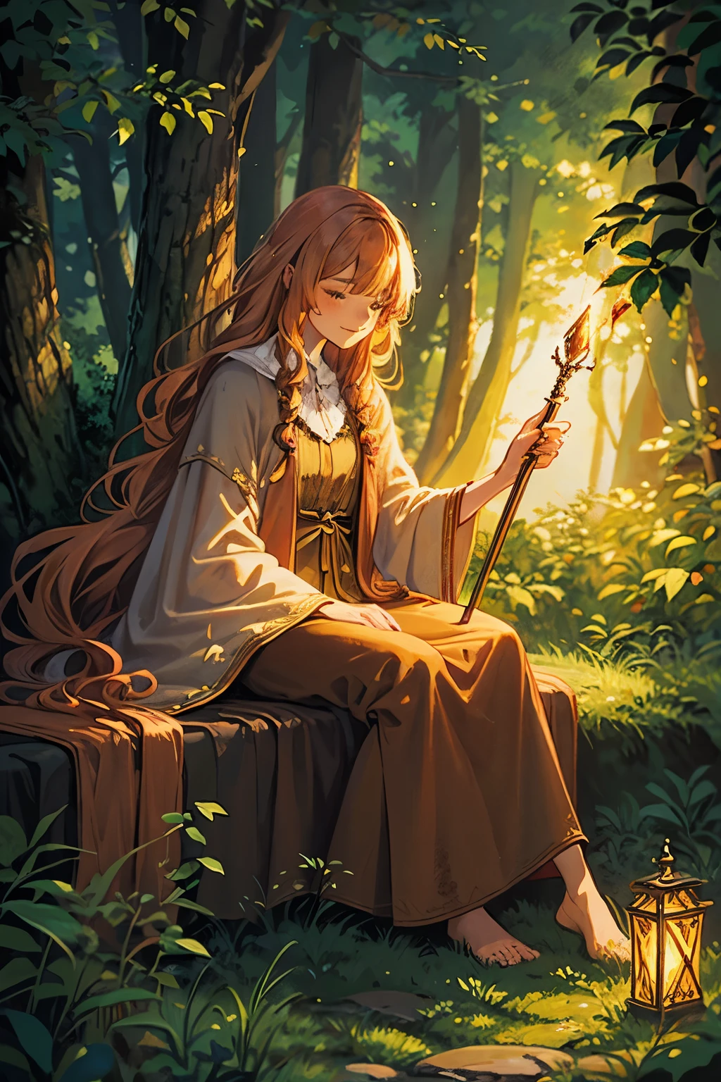 young female, witch, long straight wooden wizard staff in one hand, brown witch robe, enchanting and dreamy scene of a fantasy forest, dense forest, pastel colors, oil painting, sense of enchantment, smiling, particles of light, curly copper hair, light brown fur cloak, large black cat sleeping by feet