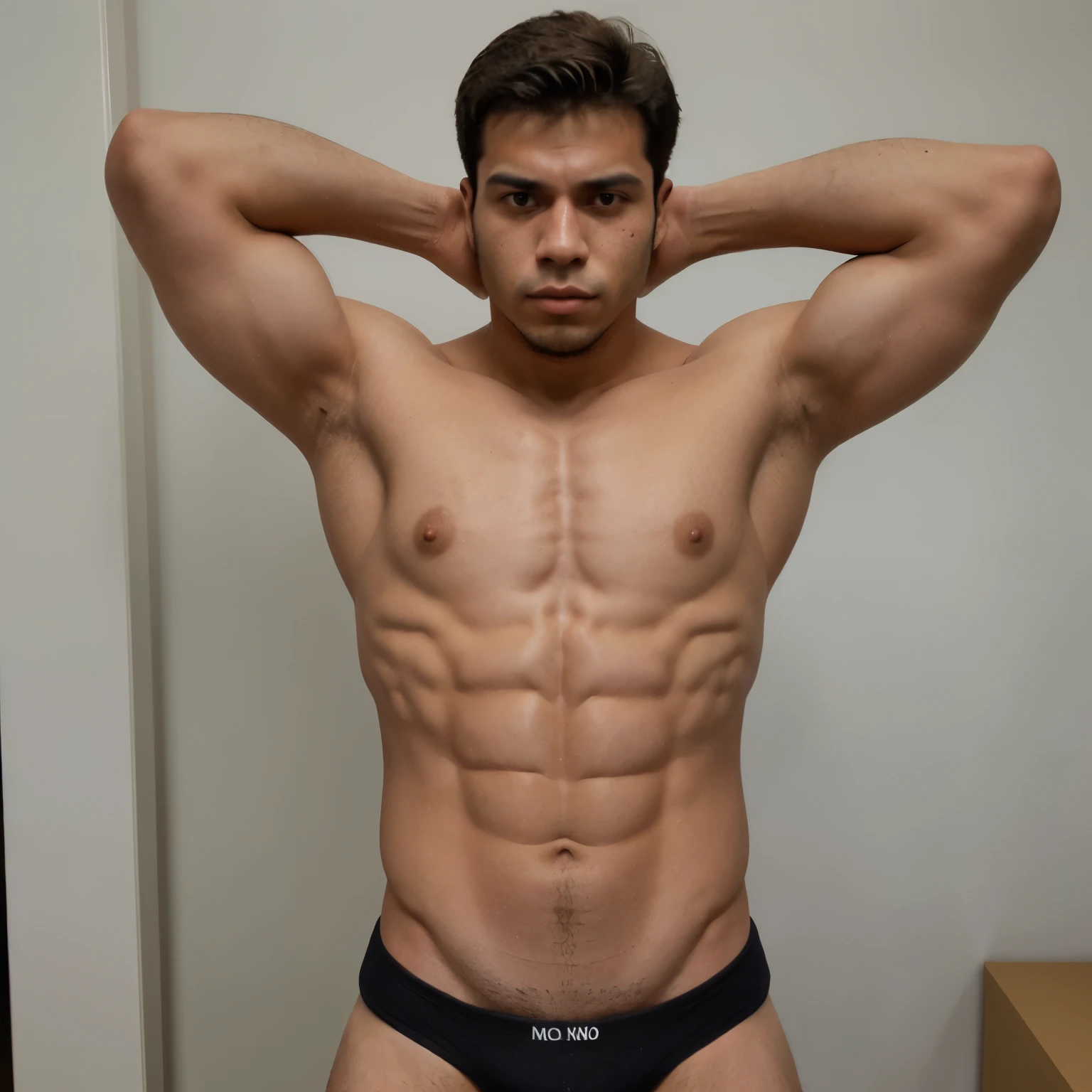 Homem, de 20 anos, corpo um pouco musculoso, mostrando axila peluda
