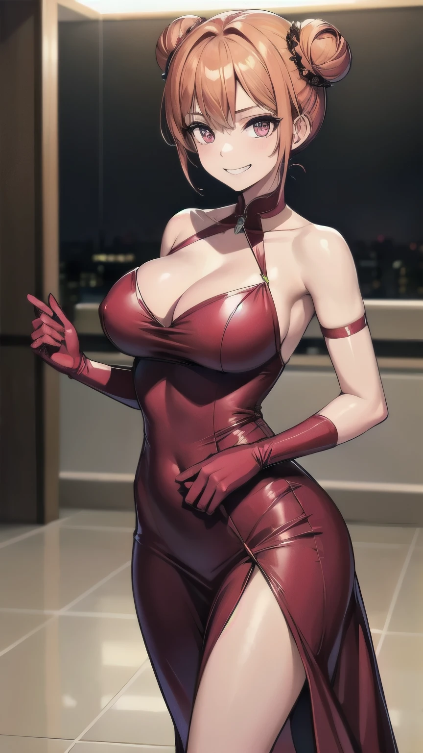 (masterpiece), best quality, expressive eyes, perfect face, 1girl, solo, tomboy, mature female, big breasts, short hair, , orange hair BREAK hair buns, double buns, pink eyes BREAK night dress, red dress BREAK red lipstick BREAK shiny dress, elbow gloves, white gloves BREAK standing, closed mouth, fancy lobby, indoors,(crowd, people), female focus, looking_at_viewer, bare shoulders, sleeveless dress, indoors, ((fancy hotel, lobby)) , smile, grin, looking at viewer 