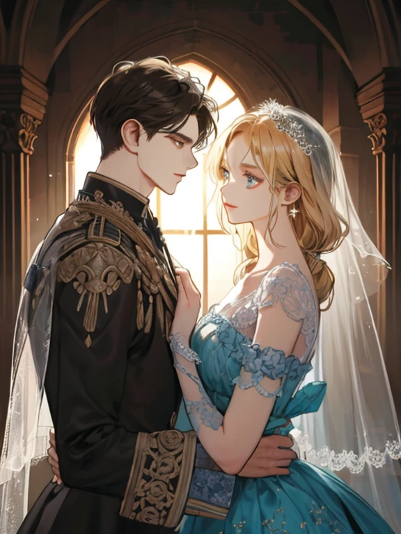 (extreamly delicate and beautiful:1.2), 8K, (masterpiece, best:1.0), Two Men, body complet, a blond, black-haired, seethru , knights, Man wearing a veil、Wedding between guys, sacred place, and intricate detailing, and intricate detailing, finely eye and detailed face, Perfect eyes, Equal eyes, (A male god), Fantastic lights and shadows、landscapes、florals, Uses backlight and rim light