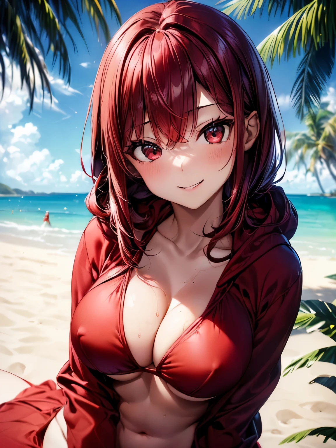 highest quality、Nice sexy body、One Woman、(solo)、((Beautiful busty woman:1.6))、(((Woman with dark red hair:1.3)))、Long hair woman、(((Woman in a red bikini:1.3)))、(((A woman wearing a white hoodie)))、smile、Beach House、Shonan sea