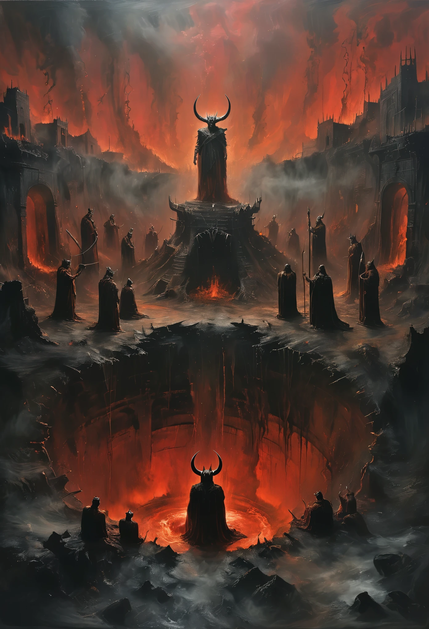 Realistic 8K oil painting,Depicting the suffering people in the Hell Well, In the middle of the image,Elon Musk has horns on his head, Inspired by Dante's Inferno