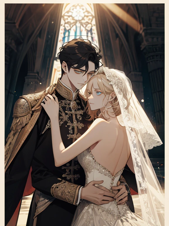 (extreamly delicate and beautiful:1.2), 8K, (masterpiece, best:1.0), Two Men, body complet, a blond, black-haired, seethru , knights, Man wearing a veil、Wedding between guys, sacred place, and intricate detailing, and intricate detailing, finely eye and detailed face, Perfect eyes, Equal eyes, (A male god), Fantastic lights and shadows、landscapes、florals, Uses backlight and rim light