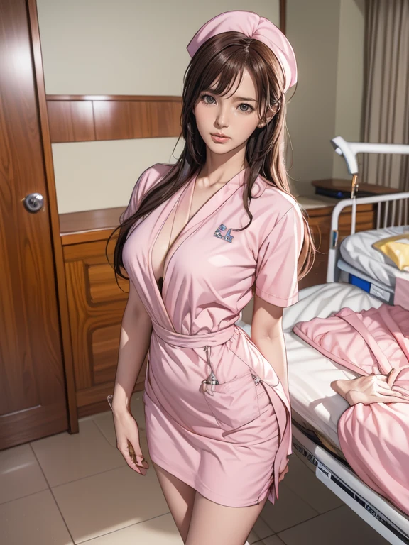 Pornographic Images,Cinematic scene,Fantasy Art,Highest image quality,hyperrealistic portrait,(8K),Ultra-realistic,Best Quality,High quality,High Definition,high quality texture,high detailing,Beautiful detailed,fine detailed,extremely details CG,Detailed texture,realistic representation of face,masutepiece,presence,Dynamic,Bold,1gir,(ideal ratio body proportions:1.5),Ultra detailed skin,Curve,,Beautiful breasts,Large breasts,pale skin,pointed breast,Erect nipples,(Thin hair),(Soft hair),(ultra straight hair),Swept long bangs,very light coppery amber hair,Hair over one eye,(pink nurse uniform:1.3),(gravure pose:1.5),(hospitals、Hospital Room、Patient bed:1.5),(smile:1.4),