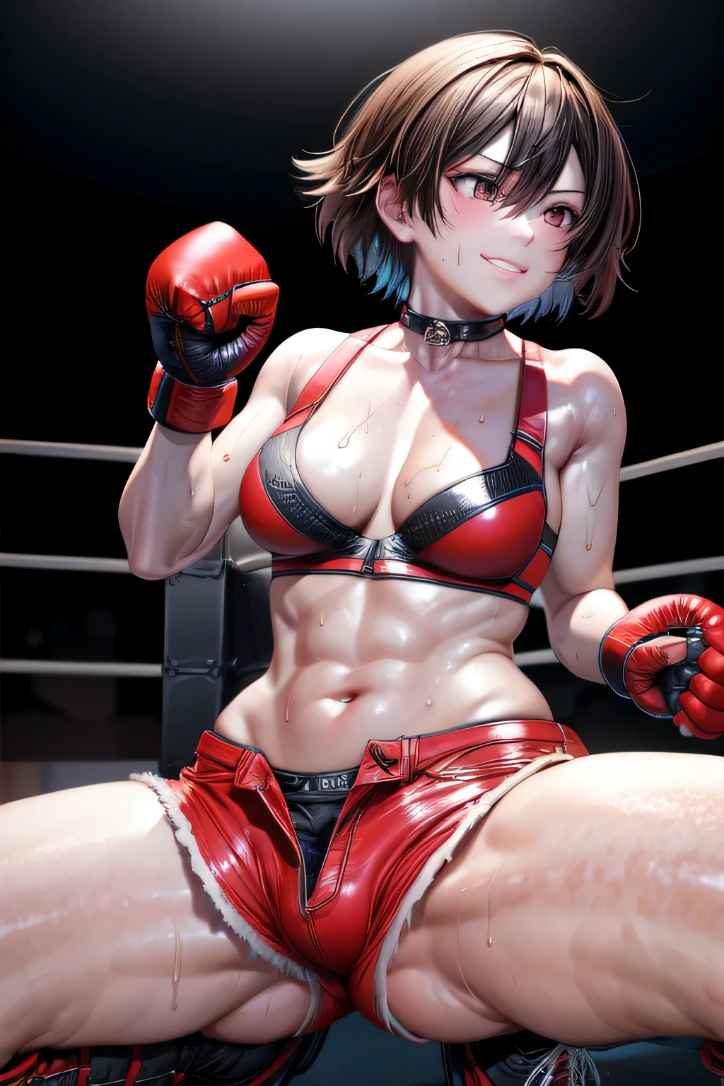 1girl,18yo,perfect hands, perfect finger,perfect anatomy,masterpiece, best quality,realistic, hyperrealistic, 16k hdr,,HINOMOTO_REIKO,large BREASTS,SHORT HAIR,BLACK HAIR,NAVEL, CLEAVAGE, BROWN EYES,BOOTS,CHOKER,MIDRIFF, FINGERLESS GLOVES,(RED SHORT SHORTS,red bra,thong:1.2),sweat,(boxing ring,spot light),(fighting pose,spread legs:1.5),dynamic pose,dynamic angle,smile,,from side,